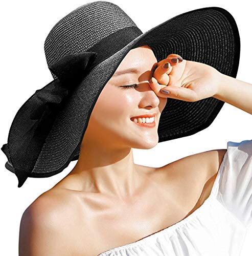 DRESHOW Femme Capeline Chapeau de Paille Chapeau à Large Bord Casquettes Anti-Soleil Respirant Anti UV Chapeau de Paille Plage Chapeau de Soleil UPF,Taille unique,Noir