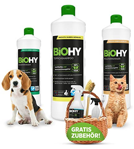 BiOHY Happy-Haustier-Set + Zubehör | Geruchsneutralisierer | Teppich- | Polster- | Bodenreiniger | Sprühflasche |Spülbürste | Dosierer | nachhaltig & sauber | effektive Reinigungsmittel | kraftvoll