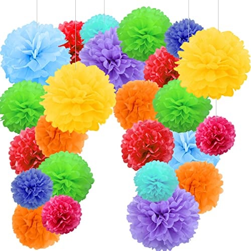 24er Bunt Deko Seidenpapier Pompons, Dekorpapier Blumenpuscheln Papier, Rosetten, Papierfächer. Dekoration Geburtstag Party Karneval Geburtstagsdeko -24Stk-