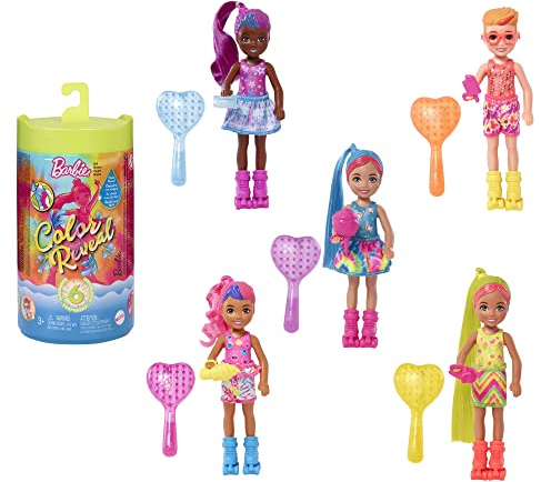 Barbie HCC90 - Chelsea Color Reveal-Puppe mit 6 Überraschungen, Neon Batik-Print und Farbwechsel; Geschenk für Kinder ab 3 Jahren