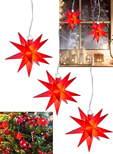 3X LED 3D Leuchtstern zum hängen - Ø12cm - Weihnachtsstern beleuchtet Fenster Deko Advent Stern - mit Batterie und Timer Rot