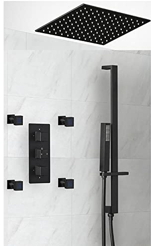 MILANO Mixer Valve 400mm Shower Head Handset Riser Rail Body Jets Black