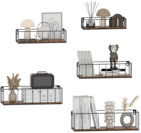HORLIMER Conjunto de 5 Estanteria Pared de Madera Marrón, Baldas Pared Flotantes Montados en la Pared con Barras Negras, Estantes de Pared Rústico para Dormitorio, Cocina, Baño, Sala de Estar