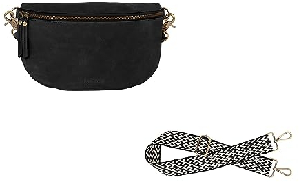 HOLZRICHTER Berlin Bauchtaschen Bundle No 4-6 (L) Schwarz-Anthrazit - Bauchtasche 2-2 (L) + Webgurt 4-2 (S) Chevron Schwarz/Weiß - Handgefertigt Aus Premiumleder