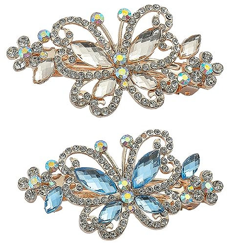 2 Pack Luxury Glitter Sparkly Jeweled Gems Crystal Rhinestone Butterfly Metal French Barrettes Rhinestone Hair Clips Pins Headpieces Hair Clip for Women Girls Rose Gold