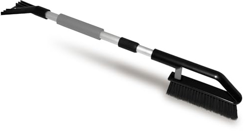 ToM PaR Bürste und Schaber | Ausziehbarer Teleskopstock | Ergonomischer, weicher Griff | Eiskratzer Auto mit Besen | 2-in-1 Schneebürste und Eiskratzer | Reinigungsbürste | Länge: 82-110cm | Grau