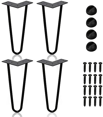 Ansobea Lot de 4 pieds de table en métal noir avec 2 pieds en épingle à cheveux, pour bureau, table et table basse, pieds de table en épingle à cheveux avec protections de sol et vis (20 cm)