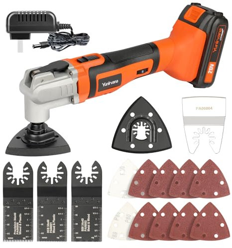 Yunirvana 20V Lithium-Ion Cordless Oscillating Multi-Tool with 1.3Ah Battery, Versatile 3 pcs Blade Kit, and 10 Sanding Papers for Comprehensive Sanding and Grinding Solutions