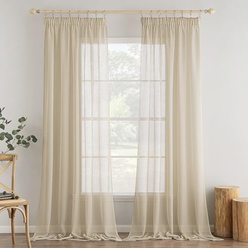 MIULEE 2er Set Voile Vorhang Sheer Vorhang mit kräuselband Transparente Leinenoptik Gardinen Wohnzimmer Modern Fensterschal Schlafzimmer 140x245cm (B x H) Beige