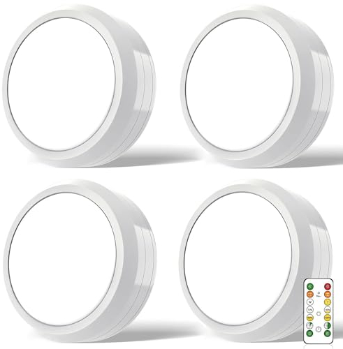 MOUJUCHI Under Cabinet Puck Lights, 4 Pack Battery Operated Dimmable Touch Shelf Lighting With Remote Control for Closet, Cupboard, Kitchen, Wardrobe (White)
