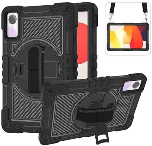 YOUULAR Custodia per tablet Xiaomi Redmi Pad SE 11 pollici, custodia antiurto con supporto girevole a 360° e cinturino da polso, tracolla completamente nera