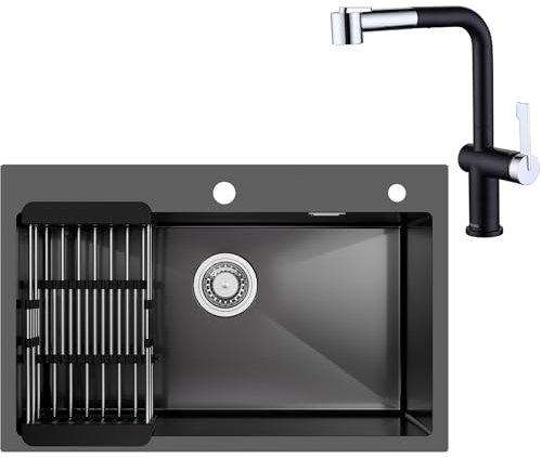 CECIPA 70 x 45 CM Fregadero Cocina Negro Gris con Grifo Cocina Extraible Negro & Cromo, Fregadero Negro Multifuncional Inox con Escurridor