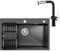 CECIPA 70 x 45 CM Fregadero Cocina Negro Gris con Grifo Cocina Extraible Negro & Cromo, Fregadero Negro Multifuncional Inox con Escurridor