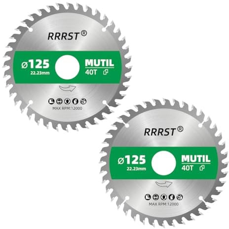 RRRST 2pcs Hoja de Sierra Circular Multi Material 125 x 22.23 mm 40T, Para Aluminio, Cobre, Madera, Madera Contrachapada, Paneles de Yeso, Laminado, Plástico