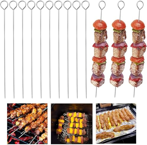10 Pcs BBQ Metal Skewers, 7.87 Stainless Steel Kebab Skewers for Air Fryer,Chicken skewers,Turkey Kebabs, Reusable, Dishwasher Safe, Silver, Perfect for Grilling, Oven, and BBQ