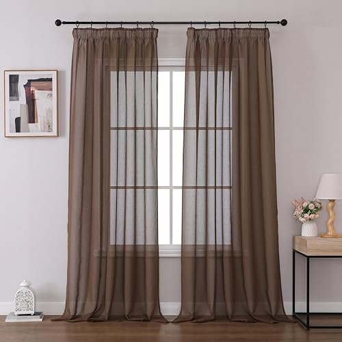 Joydeco 2er Set H245 x B140 cm Braun Transparent Vorhang Schiene Gardinen mit Kräuselband Durchlässig Curtains Lang Vorhänge für Schienensystem Modern