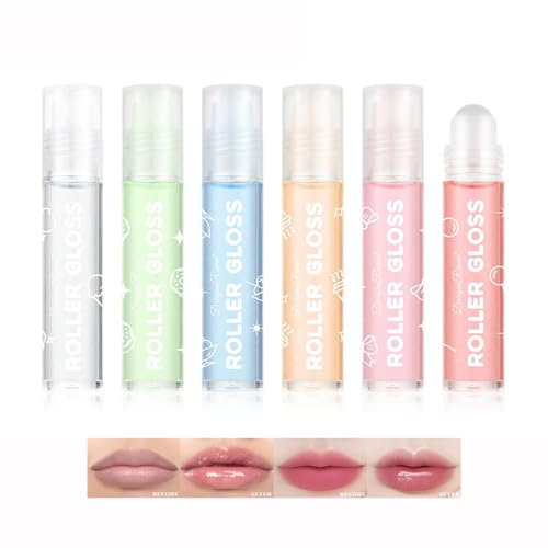 Roll On Lip Gloss Set, 6 Stück schimmernder, glänzender, aufplusternder Lippenölglanz, Plumping Lipgloss mit Fruchtgeschmack, ungiftiges glänzendes Lippen-Makeup, kinderfreundlich, Party-Geschenk-Se