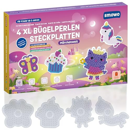 Smowo® 10mm Bügelperlen Platten Märchenwelt - Set mit 4 Steckplatten und Vorlagen - Einhorn, Prinzessin, Schmetterling, Cupcake - Große Stiftplatten für Kinder ab 3 Jahre