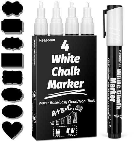 Chalk Pens, 4 Pack White Liquid Chalk Markers Wipe Erasable Pen 3mm and 6mm Reversible Tip with 48 Jar Labels for Blackboards, Windows, Glass, Chalkboards, Signs, Art