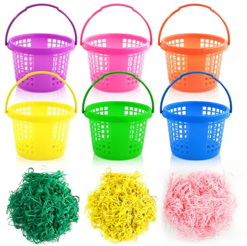 Henjunu 6X Bunte Osterkörbe, Osterkörbchen mit Griff,Plastik Osterkorb,Plastik-Ostereier-Sammelkörbe,Bastkorb mit Ostergras,für Kinder-Osterpartys