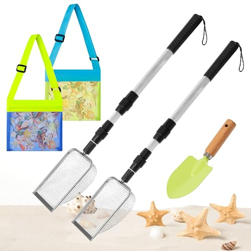 GROBRO7 5Pcs Beach Sand Sifter with Seashell Bag Filter Sand Scooper | Shark Tooth Sifter Mesh Shovel with Retractable Long Handle for Beach Tools Shell Collecting Picking Up Rock Hunting