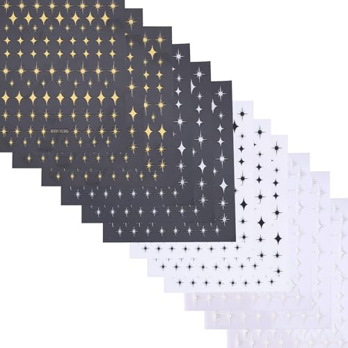 BOXOB 12 Sheets Star Nail Stickers, 3D Self Adhesive Star Nail Decals Fingernail Design Decorations Manicure Art Supplies for Women Girls Acrylic Nails Decor (Gold, Silver, Black, White)