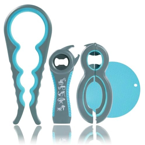 YUNYU 4-in-1-Glasöffner + 5-in-1-Flaschenöffner-Set mit rutschfestem Silikon-Greifer-Pad, 4 Packungen Multifunktionsöffner für schwache Hände, Arthritis, Senioren und Kinder