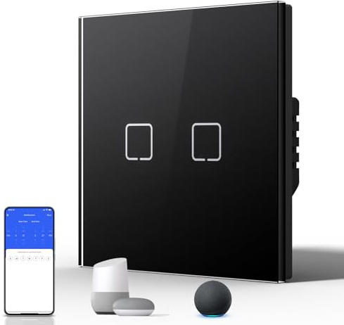 BSEED Interruptor Táctil de Pared Inteligente,Panel de Cristal,Pulsador con Pilotitos LED,Fáciles de Limpiar,E-Series,2 Gang 1 Vía,86mm Negro