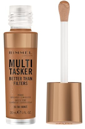 Rimmel Multi-Tasker Better Than Filters, 061 Tan, Gesichtsprimer, Glow Booster und Aufheller, vegane Formel, leicht, Anti-Aging-Vorteile, fotoreflektierende Pigmente, Maxi Soft-Applikator, 30 ml