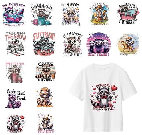 Dtf Transfers Ready to Press - 16 Pcs Cute Raccoon Dtf Heat Transfers Vinyl Funny Patterns Stickers Iron on Patches Decals for T-Shirts Hoodie Pillow Covers Bag Clothes Pillow DIY Fabric Decor Crafts