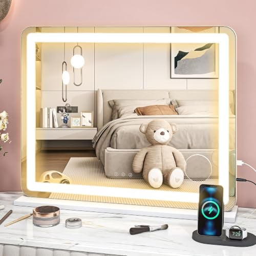 HOMCOM Vanity Mirror with Lights, Large 80x62 cm Makeup Mirror, White | Lighted, 3 Colour, 10X Magnifying, USB Charging Port, Touch Screen, Tabletop or Wall Mounted Design