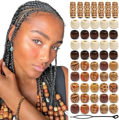 Shimmerz 60 Stück Vintage Runde Naturholz Haarperlen, Schmuckperlen für Haar Holz Vielformige Perlen für Halskette Armreif Haar DIY Handwerk Handgemacht Deko