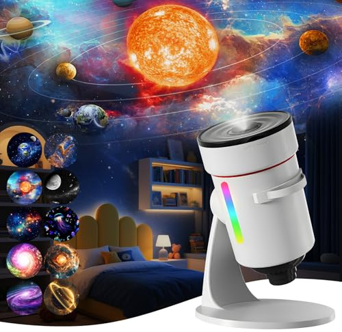 QKTYB Planetariumprojektor, galaxprojektor med 4K 10 filmskivor, 360° justerbara stjärnprojektorer nattlampa med roterande nebulosa, timer för barn vuxna sovrum takrumsinredning