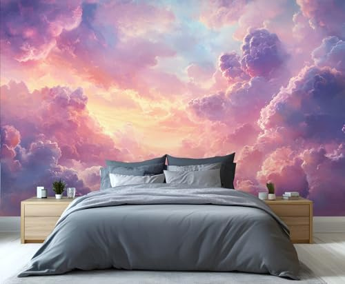 YXQAIED Wallpaper - Romantic Pink Home Decor & Mural, Purple and Pink Bedroom Wallpaper, Sky and Clouds Wallpapers for Living Room, Not Self-Adhesive Large Wall Murals