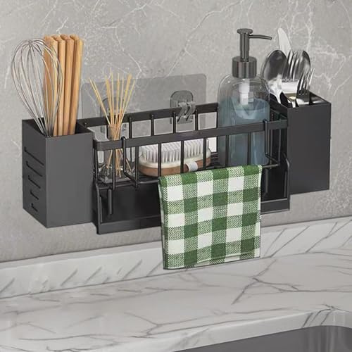 Koolkasa Porte Eponge evier Cuisine Suspendre, Organisateur evier avec égouttoir Automatique, Métal Porte-éponge avec Porte-torchons et boîte de Rangement (Noir)