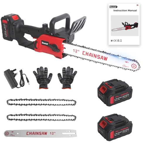 Bostar 12 Inch Cordless Chainsaw Brushless Motor 1200W, Battery Powered Electric Chainsaw with 2X 3000mAh Batteries, Auto Oiling & Tool-Free Tension, Powerful Wood Cutter for Garden & Trees