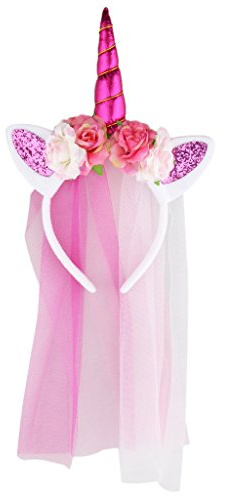 Serre-tête Licorne avec Voile et Fleur en Tissu - Corne Rose Rouge - Accessoire de Fête pour Femme et Fille