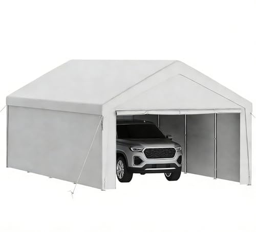Ferzone Tente de Garage 4x8m, Carport Abri Voiture avec Bâche PE & Porte Enroulable, Tente de Stockage Pliant Exterieur avec Parois Latérales Amovibles pour Moto Outils SUV Camion Bateau, Blanc