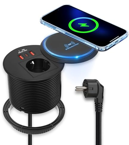 Prise encastrable avec USB C, prise de bureau, prises de table de 90 mm avec couvercle, 2 ports USB-A PD 20 W et charge sans fil 15 W, câble d'alimentation de 1,8 m pour meubles, plan de travail