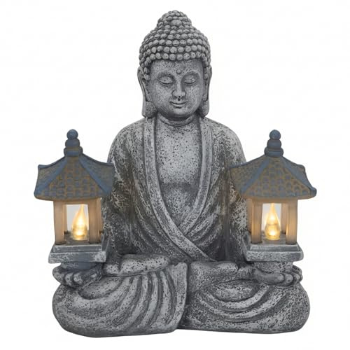 Qoidrfofse Statua di Buddha da esterno, Decorazione solare di Buddha con fari a LED, Statua da giardino in resina impermeabile per giardino, casa, patio, prato, 20, 5x11, 5x23 cm, Grigio