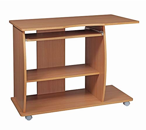 Wohnling Computertisch GRASSE rollbar Buche 90 x 71 x 50 cm mit Tastaturauszug, Laptop Tisch auf feststellbaren Rollen, PC-Tisch mit Drucker-Ablage platzsparend, Schreibtisch für kleine Räume