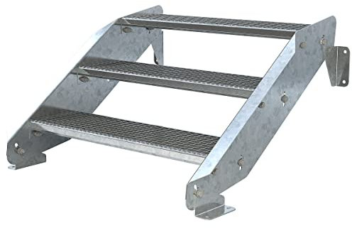Außentreppe 3 Stufen 90 cm Laufbreite - ohne Geländer - Anstellhöhe variabel von 42 cm bis 64 cm - Gitterroststufe ST1 - feuerverzinkte Stahltreppe mit 900 mm Stufenlänge als montagefertiger Bausatz
