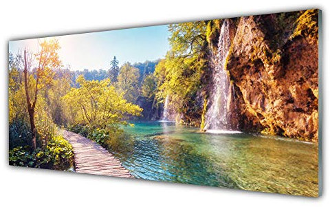 Tulup Impression sur Verre de 125x50 cm - Image - Tableau - Photo décorative panoramique - Paysage Arbres Pont Rocheux Mer