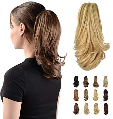 Sofeiyan 33cm Pferdeschwanzverlängerung Langer Lockiger Pferdeschwanz Clip in Klaue Haarverlängerung Natürlich Aussehendes Synthetisches Haarteil für Frauen, Erdbeerblond & Bleichblond