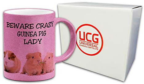 Beware Crazy Guinea Pig Lady Funny Novelty Pearl Glitter Novelty Gift Mug - Pink