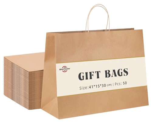 Switory 50 Stk Braun Papiertüten mit Henkel - 41 x 15 x 30 cm Groß Geschenktüten Papiertragetaschen Kraftpapiertüte zum Einkaufen, DIY, Geschäfte, Geburtstag, Party
