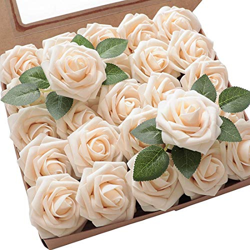 Ancokig Lot de 25 Roses artificielles en Mousse au Toucher réaliste pour décoration de Mariage, Demoiselle d'honneur, Bouquets de Table, décoration de fête, décoration de Maison (Champagne)