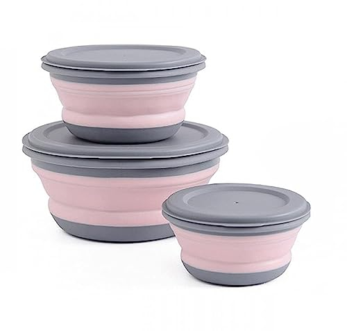 Oniphia 3 Piezas Fiambrera de Silicona Plegable Cuenco Plegable Portátil Silicona Tazón plegable de Silicona Viaje con Tapa de Camping Plegable Juego de Cuenco de Cocina,Rosa
