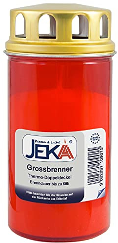 JEKA Grabkerze, Großbrenner rot, Thermo-Doppel-Deckel, Ebersbacher Kerze, 60 Std. Brenndauer, Ø 75 x H 150 mm, Unparfümiert, Container-Kerze, Rot