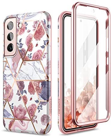 SURITCH Coque Samsung Galaxy S22 360 Degrés Bumper Souple Integrale Antichoc Etui Coque De Protection Avant et Arrière Housse Samsung Galaxy S22 5G 6.1 Pouces (Marbre Rose)